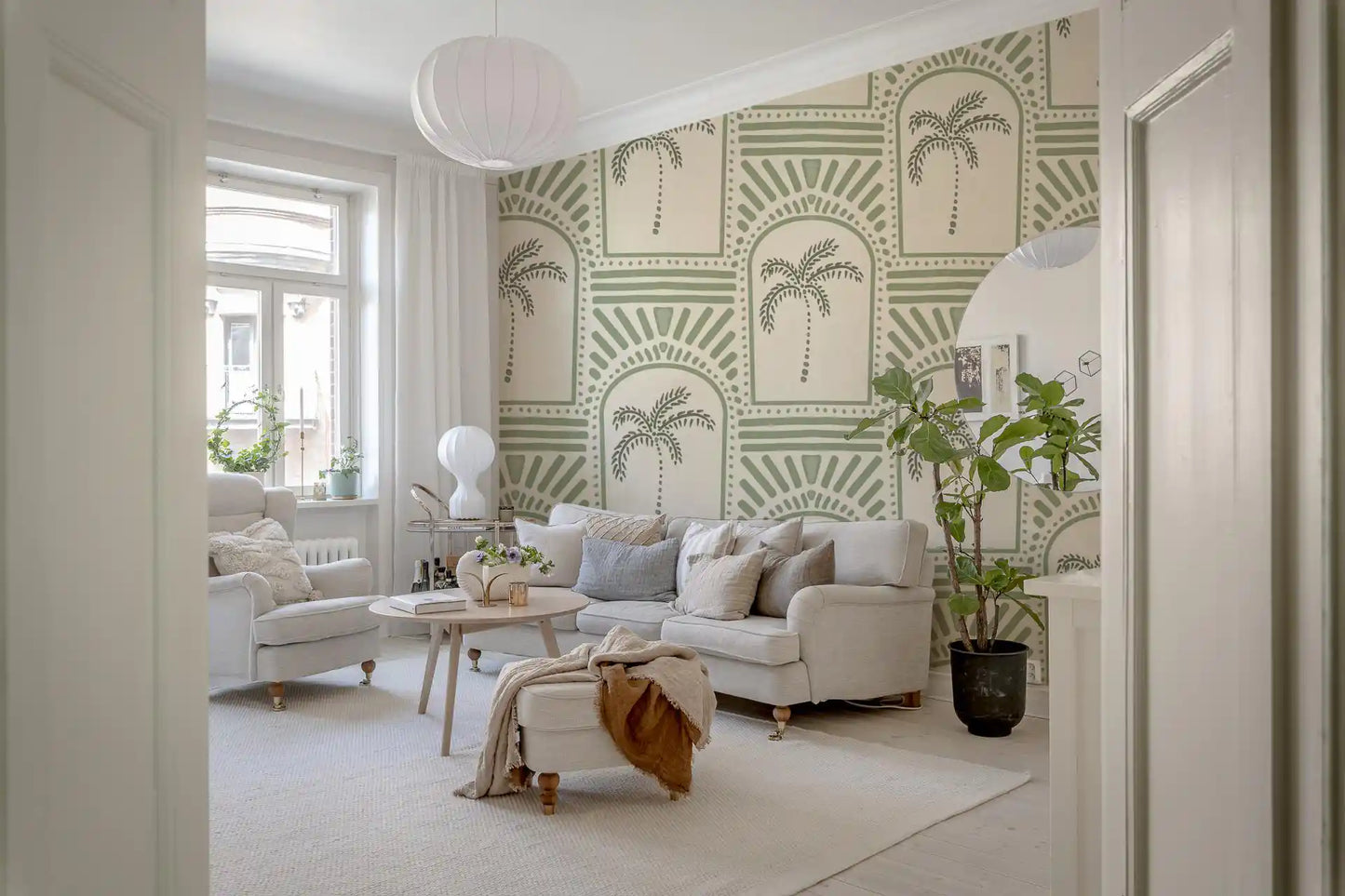 Tropical Palm Art Deco Archways Costal Green Wallpaper⁠