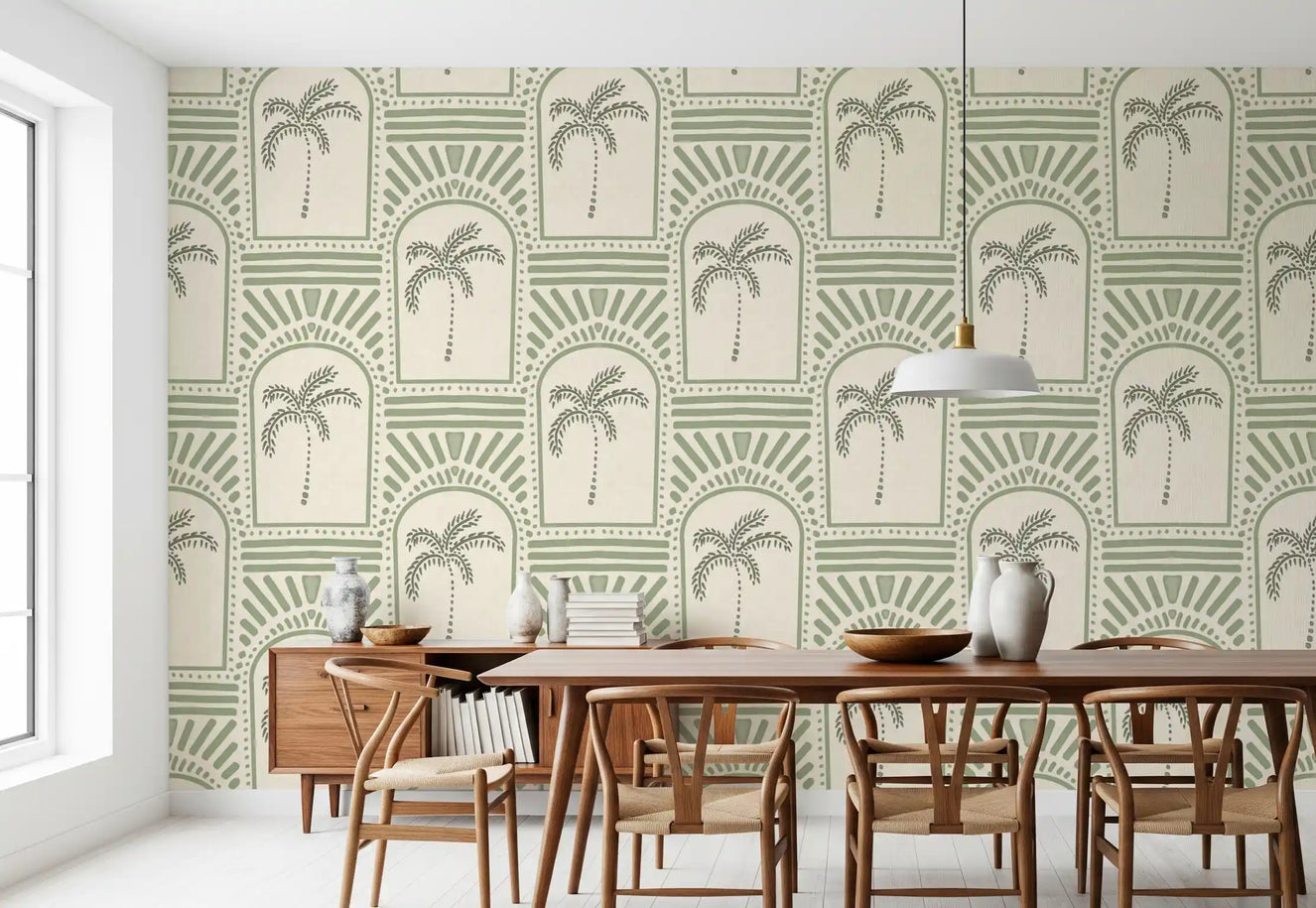 Tropical Palm Art Deco Archways Costal Green Wallpaper⁠