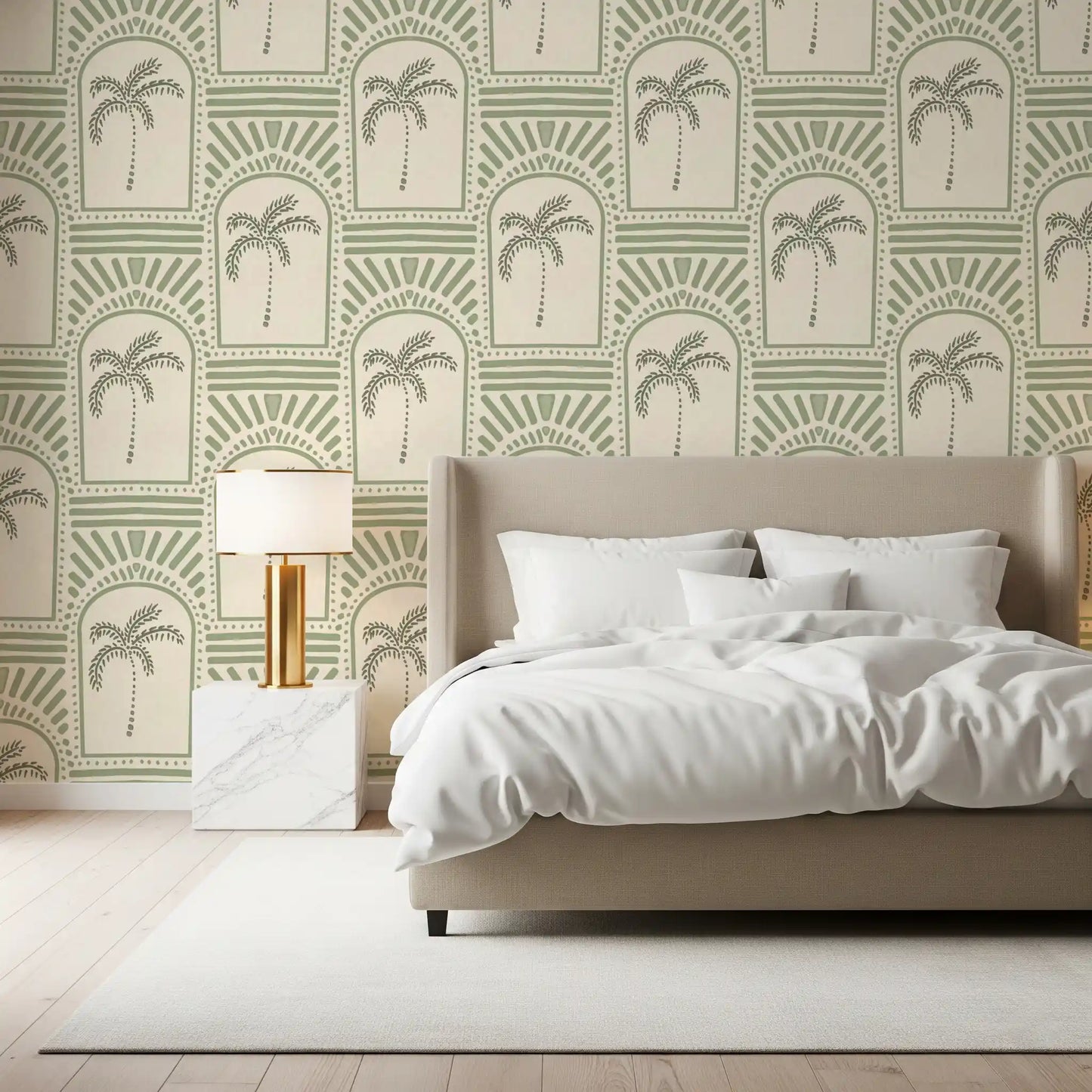 Tropical Palm Art Deco Archways Costal Green Wallpaper⁠