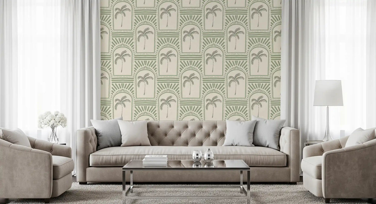 Tropical Palm Art Deco Archways Costal Green Wallpaper⁠