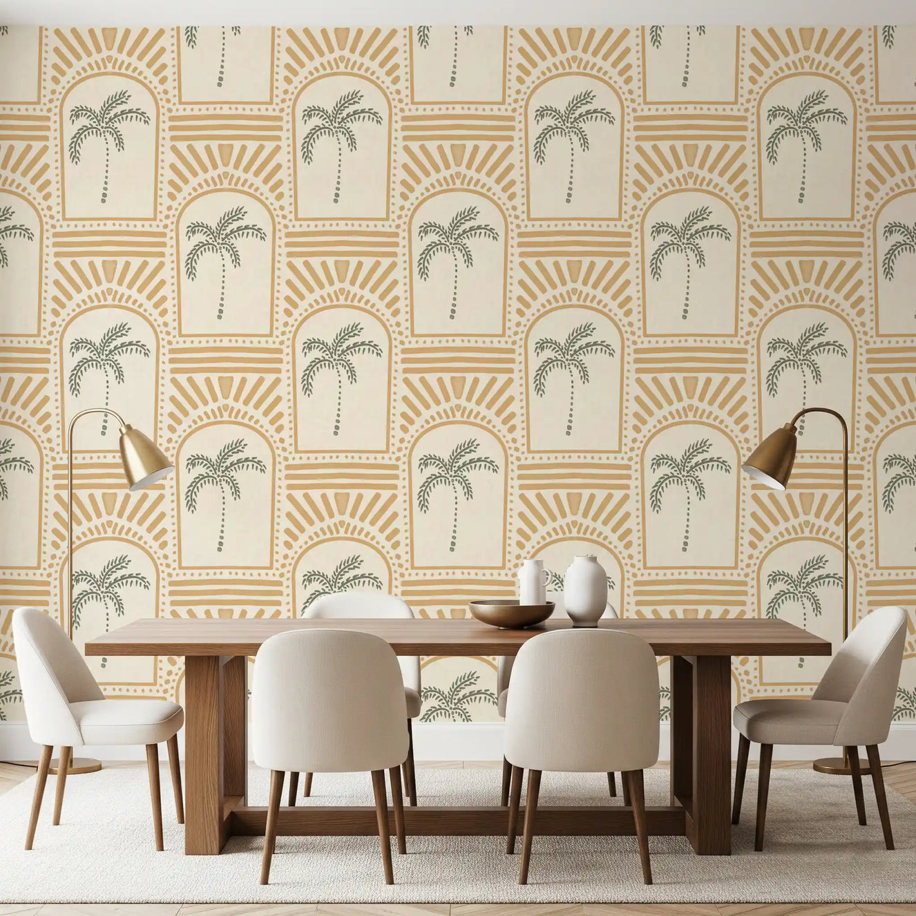 Dining room enhanced by the tropical palm art deco archways sand wallpaper.