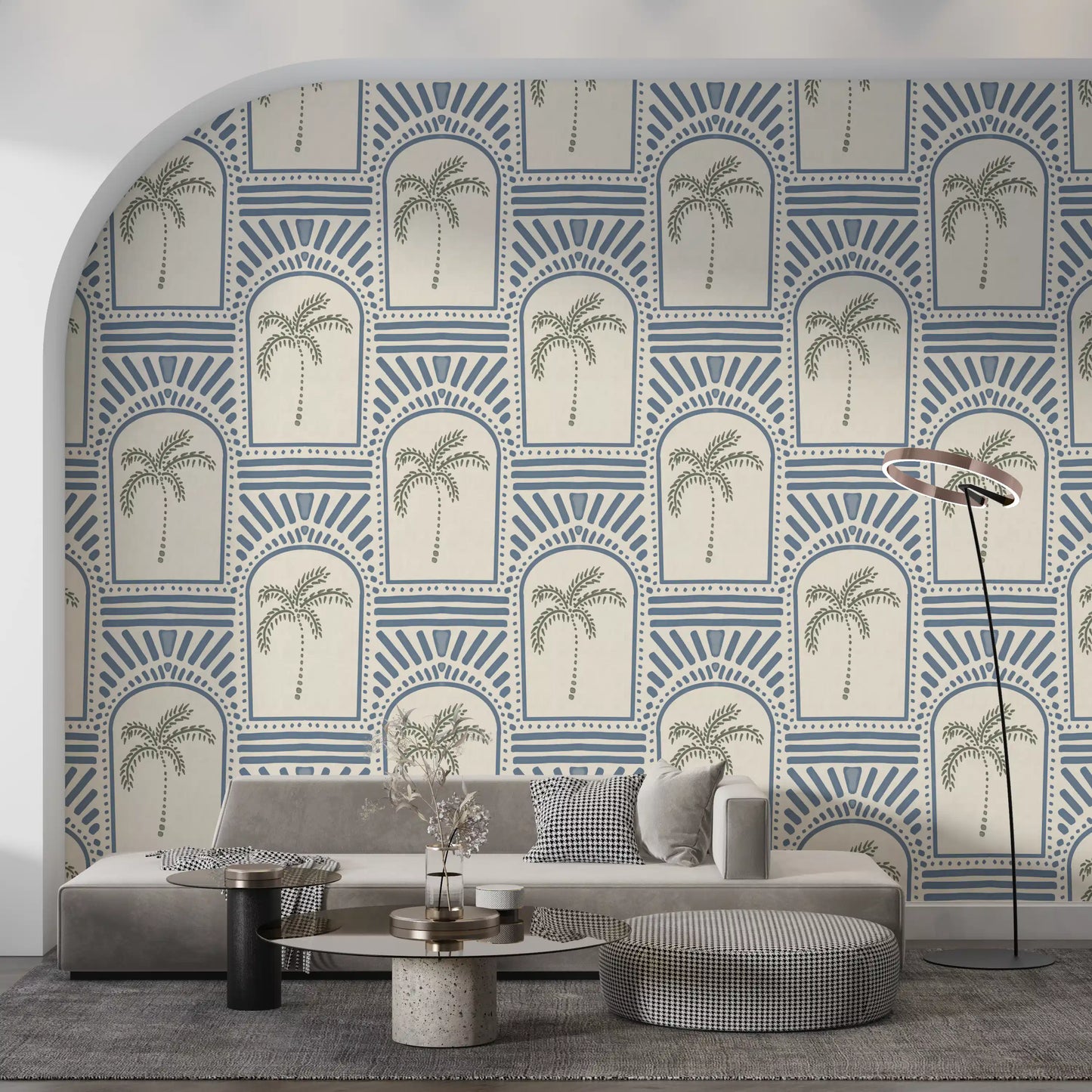 Tropisk Palme Art Deco Buegange Skiferblå Tapet⁠