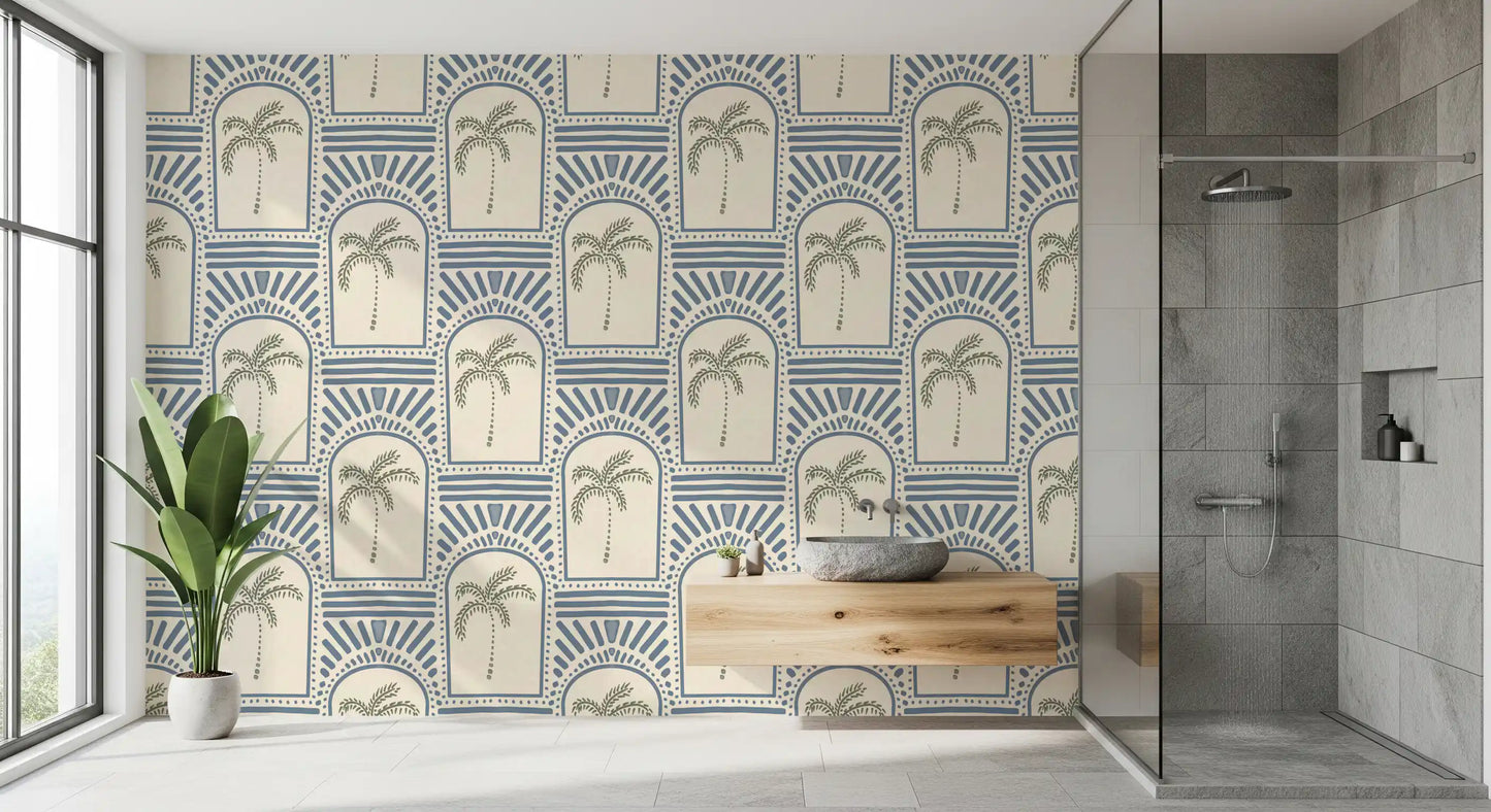 Tropisk Palme Art Deco Buegange Skiferblå Tapet⁠