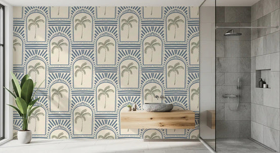 Bathroom interior highlighting the tropical palm art deco archways slate blue wallpaper.