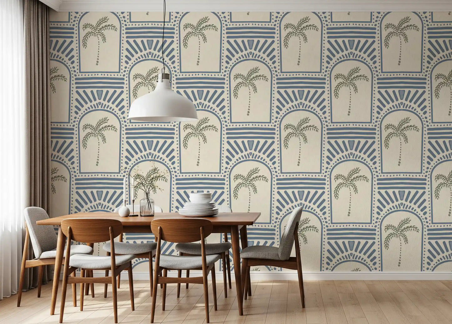 Tropisk Palme Art Deco Buegange Skiferblå Tapet⁠