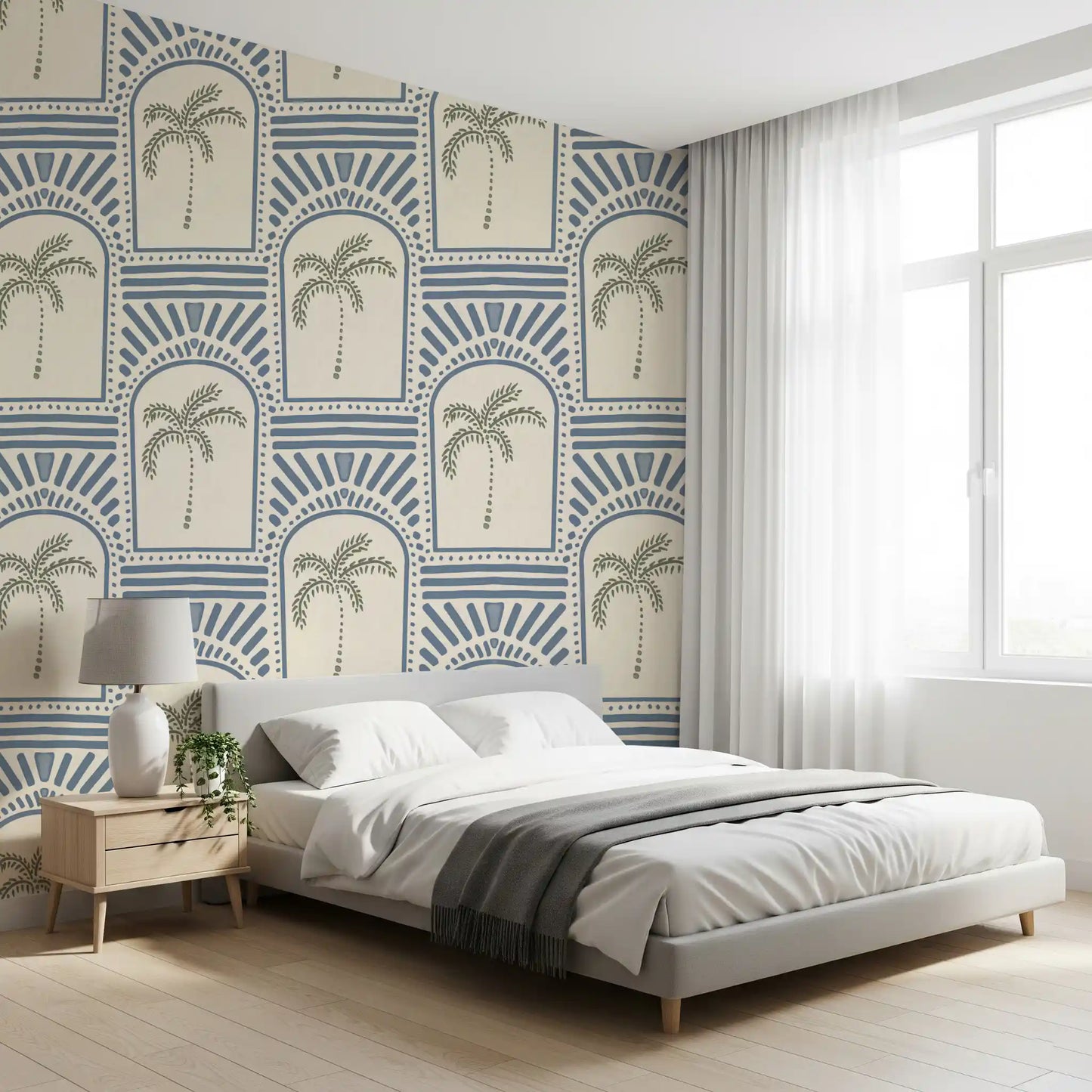Tropisk Palme Art Deco Buegange Skiferblå Tapet⁠