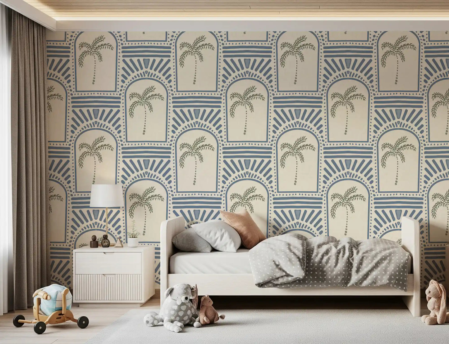 Tropisk Palme Art Deco Buegange Skiferblå Tapet⁠