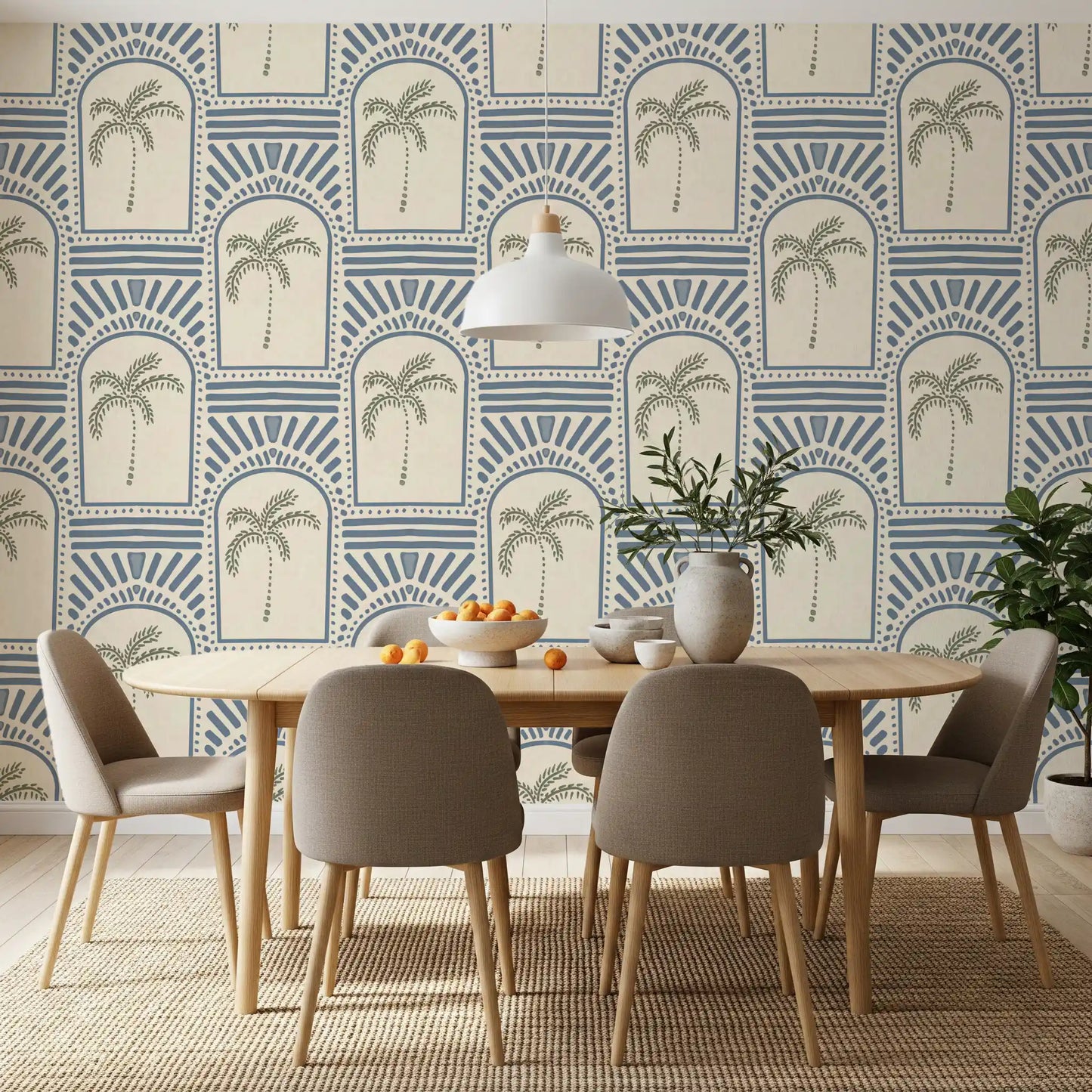 Tropisk Palme Art Deco Buegange Skiferblå Tapet⁠
