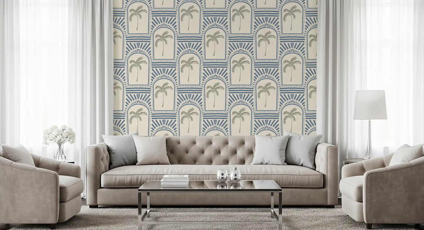 Tropisk Palme Art Deco Buegange Skiferblå Tapet⁠