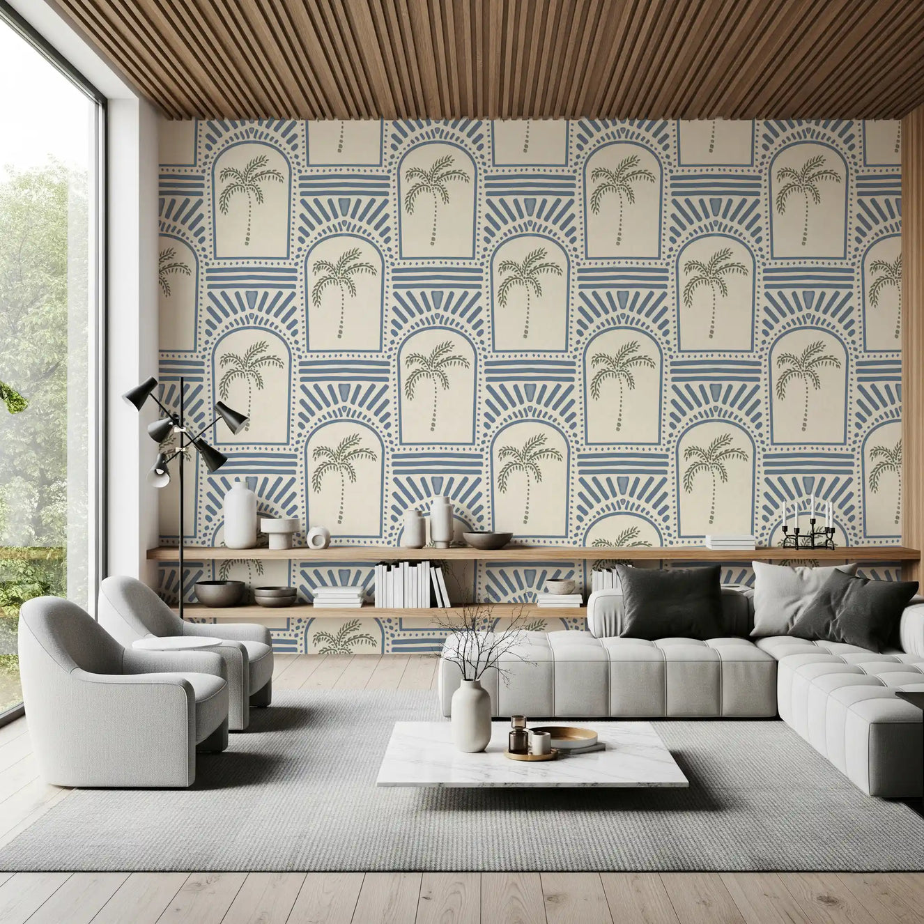 Tropisk palme Art Deco bueganger skiferblå tapet⁠