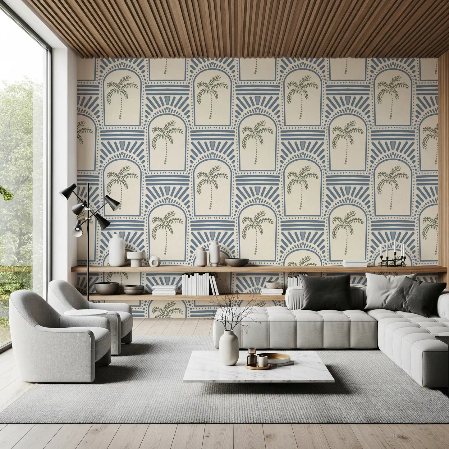 Tropisk Palme Art Deco Buegange Skiferblå Tapet⁠