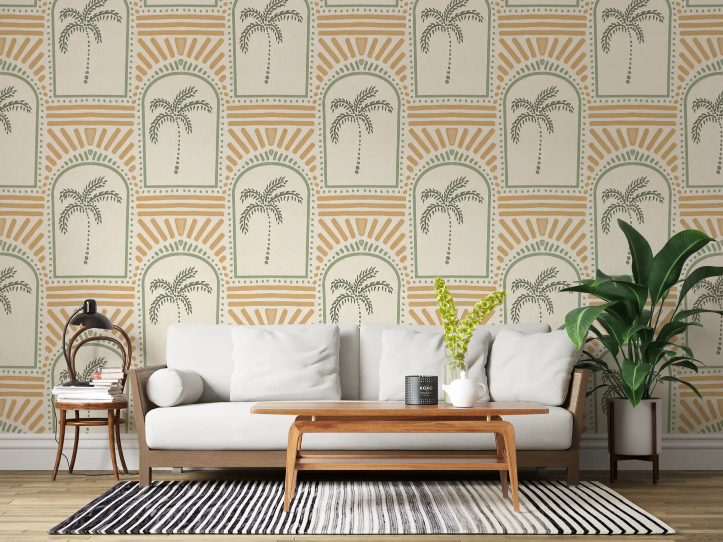 Tropisk Palm Art Deco Bågformade Motiver Kustgrön & Sand Tapet⁠