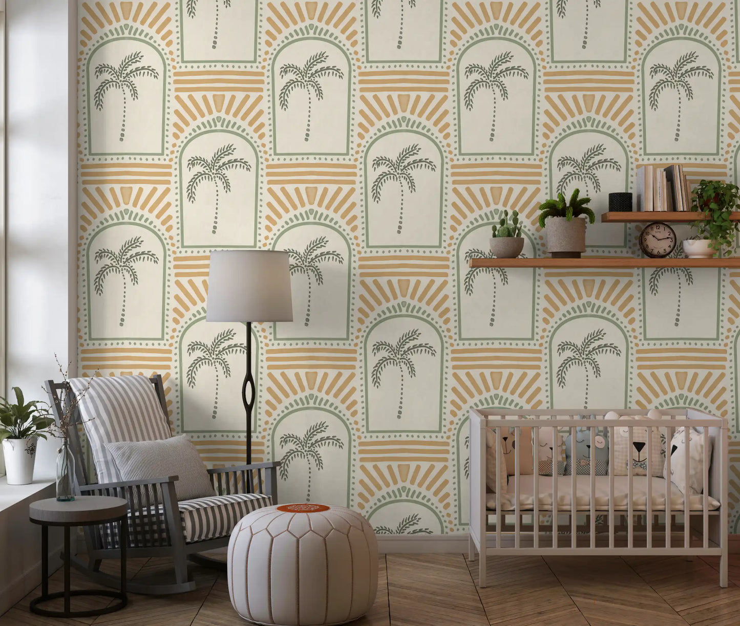 Tropisk Palm Art Deco Bågformade Motiver Kustgrön & Sand Tapet⁠