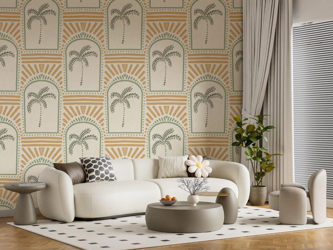 Tropisk palme Art Deco bueganger kystgrønn og sand tapet⁠