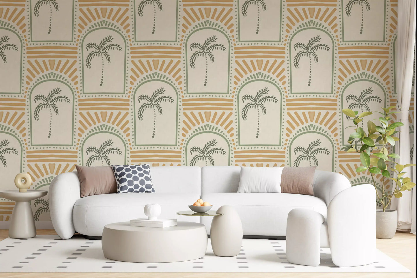 Tropisk Palm Art Deco Bågformade Motiver Kustgrön & Sand Tapet⁠