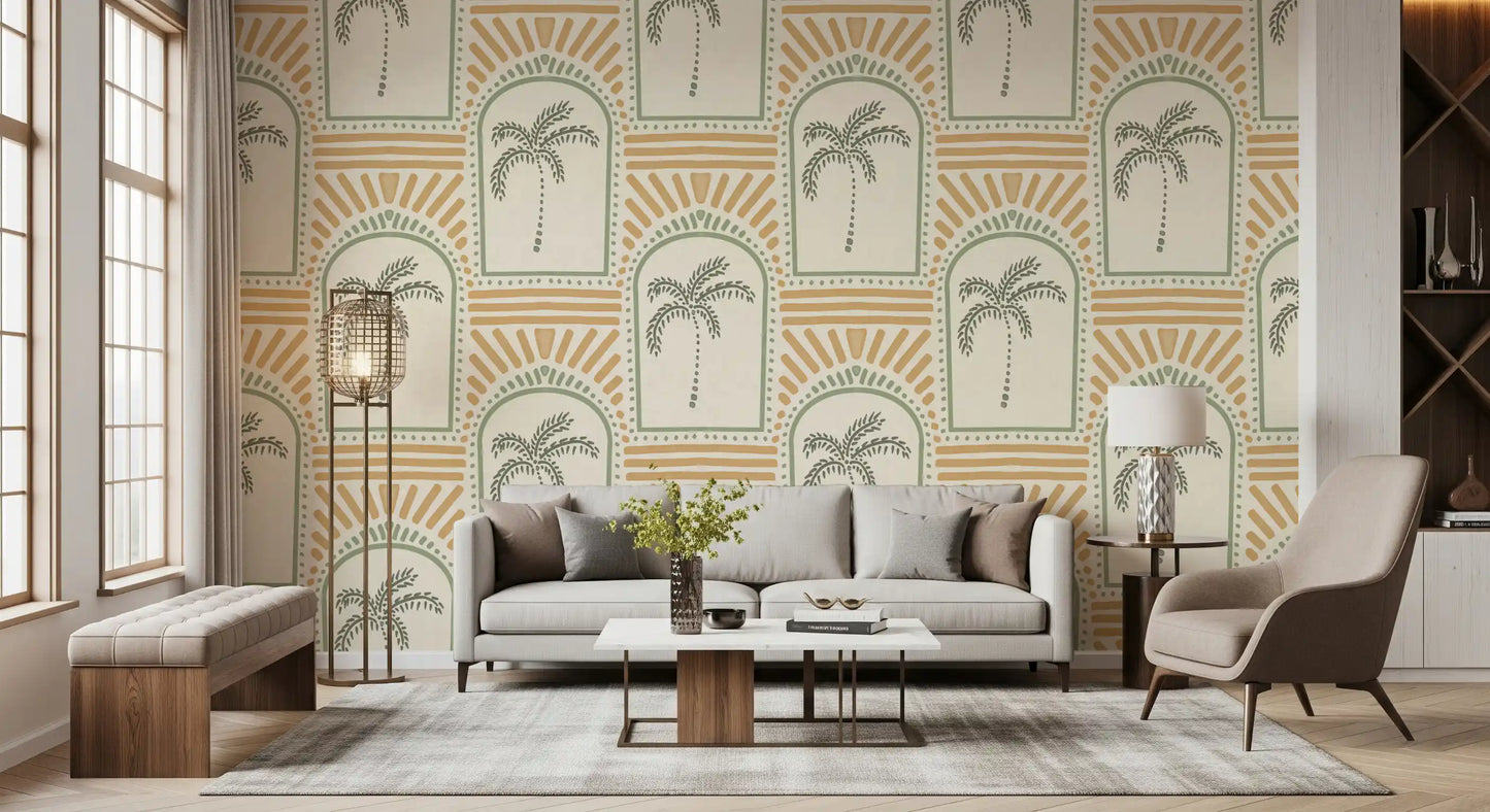 Tropisk Palm Art Deco Bågformade Motiver Kustgrön & Sand Tapet⁠