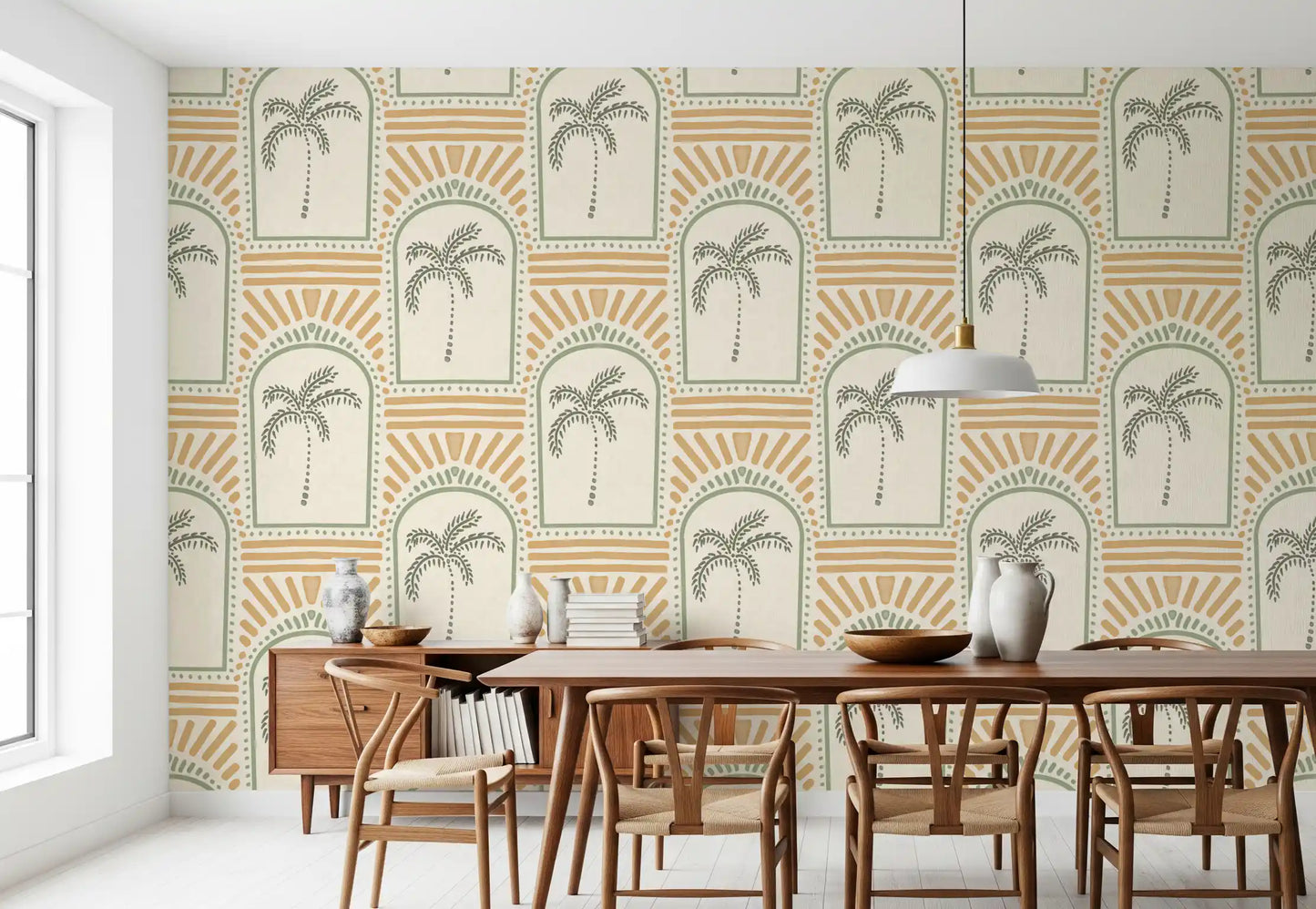 Tropisk Palm Art Deco Bågformade Motiver Kustgrön & Sand Tapet⁠
