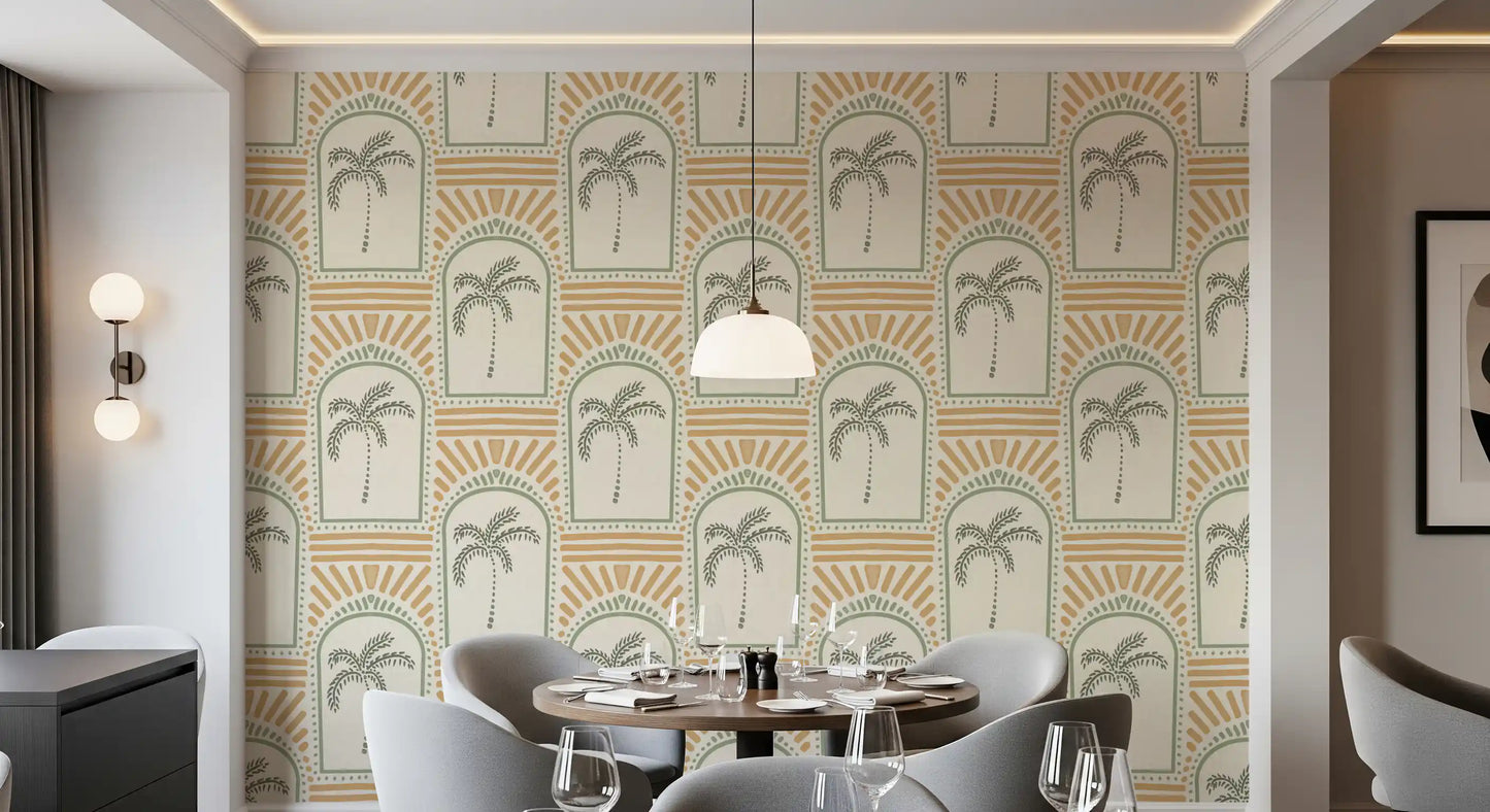 Tropisk Palm Art Deco Bågformade Motiver Kustgrön & Sand Tapet⁠