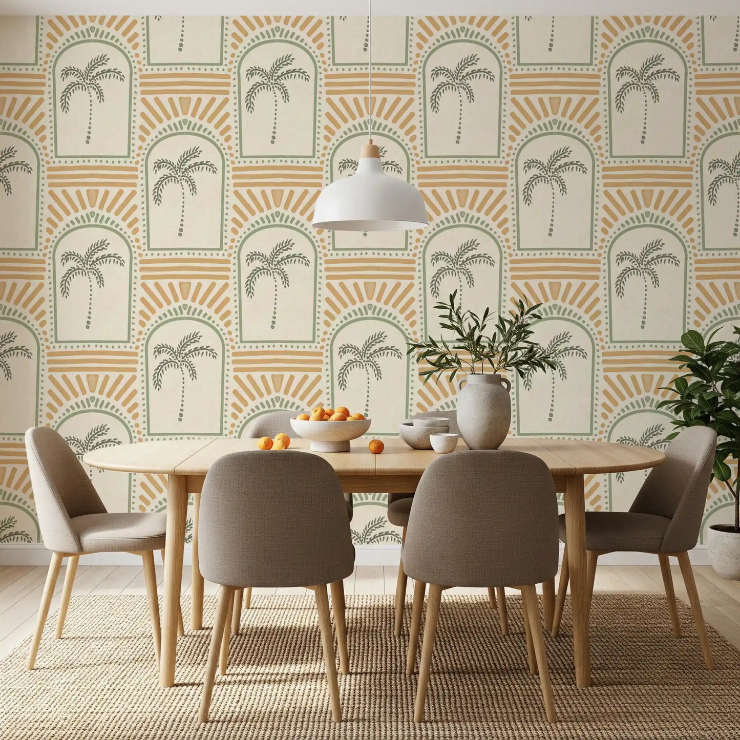 Tropisk Palm Art Deco Bågformade Motiver Kustgrön & Sand Tapet⁠