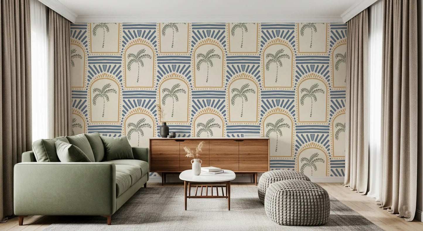 Tropische Palm Art Deco Booggangen Zand & Leisteenblauw Behang⁠