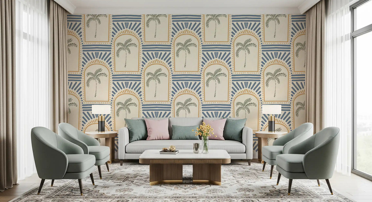 Tropische Palm Art Deco Booggangen Zand & Leisteenblauw Behang⁠