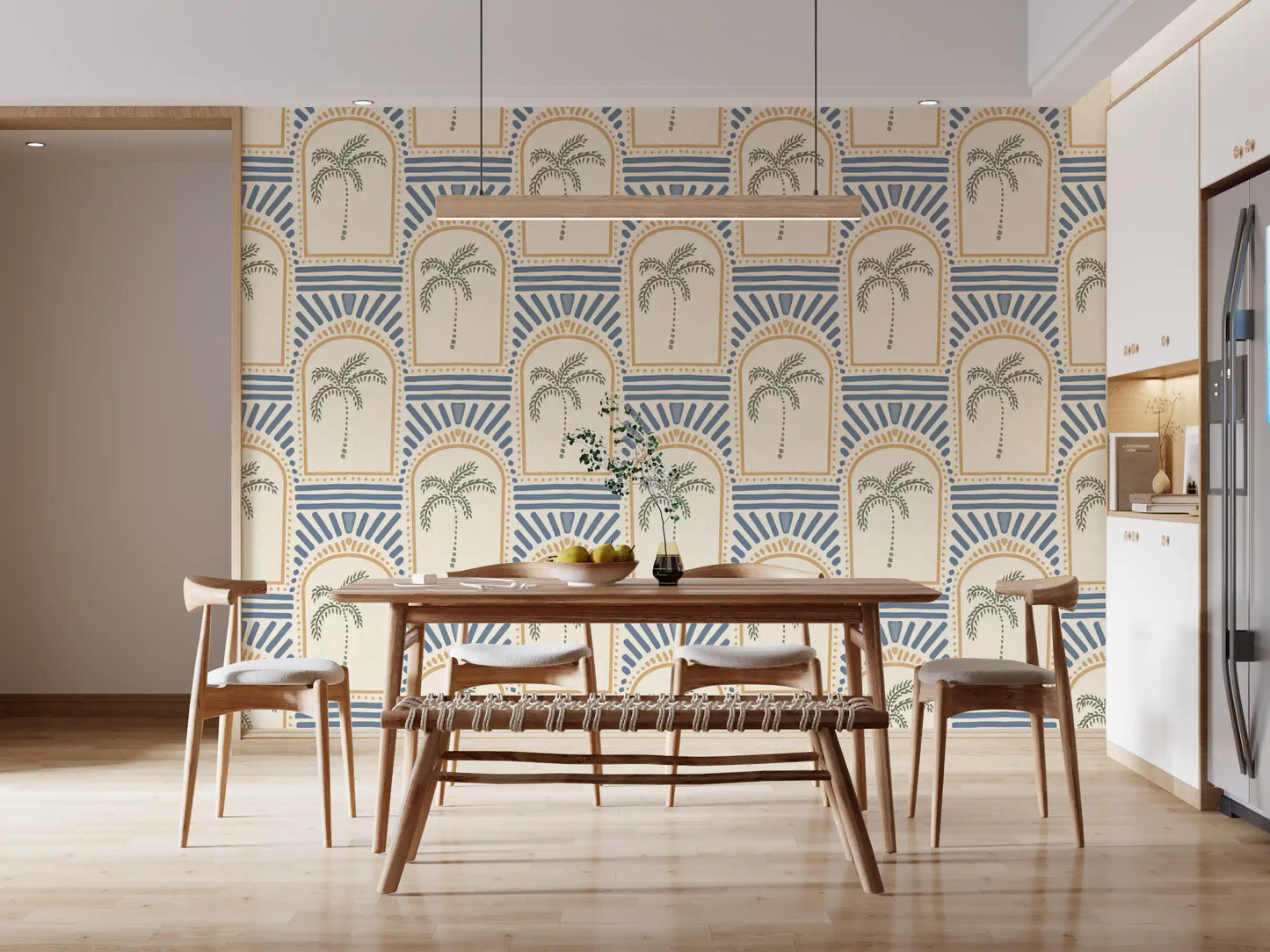 Tropische Palm Art Deco Booggangen Zand & Leisteenblauw Behang⁠