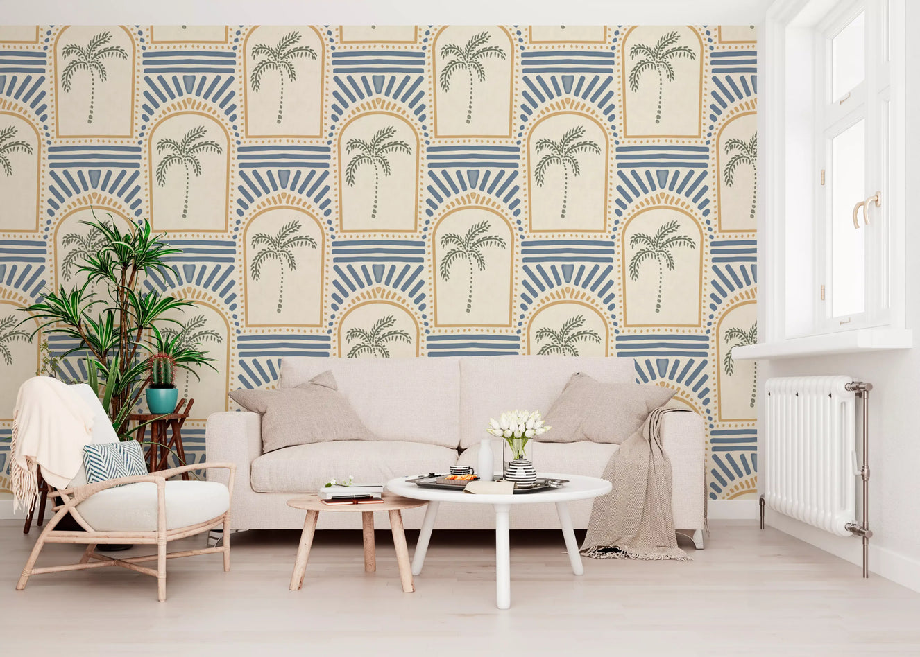 Tropisk palme Art Deco bueganger sand- og skiferblå tapet⁠