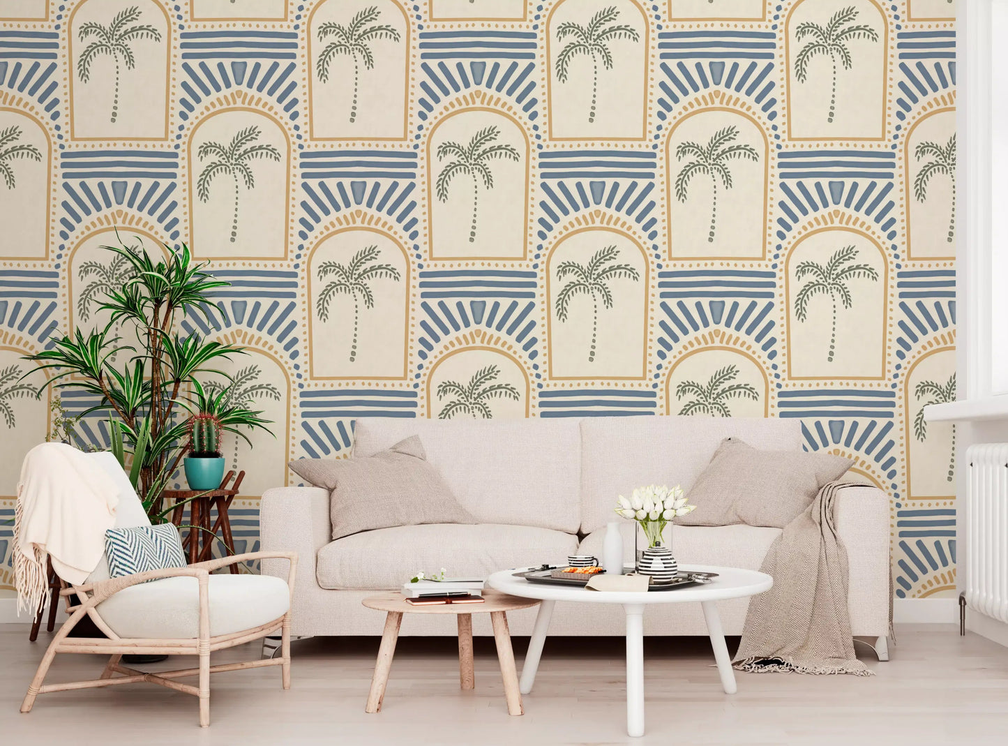 Tropische Palm Art Deco Booggangen Zand & Leisteenblauw Behang⁠