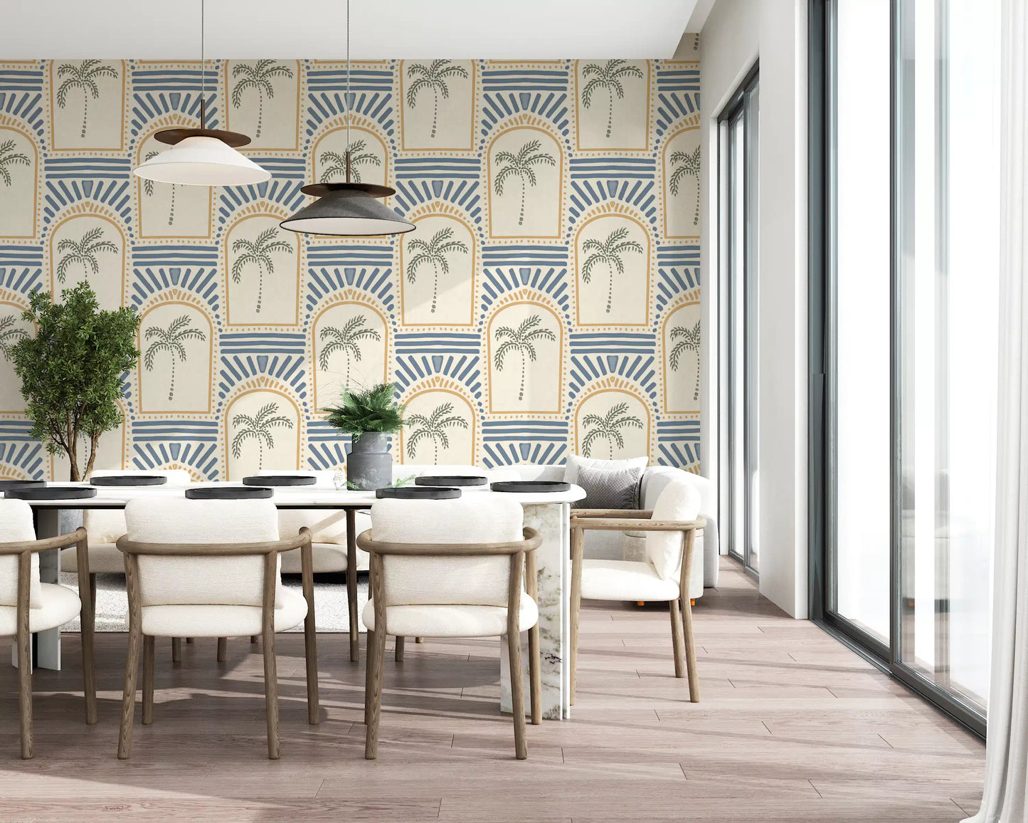 Tropische Palm Art Deco Booggangen Zand & Leisteenblauw Behang⁠