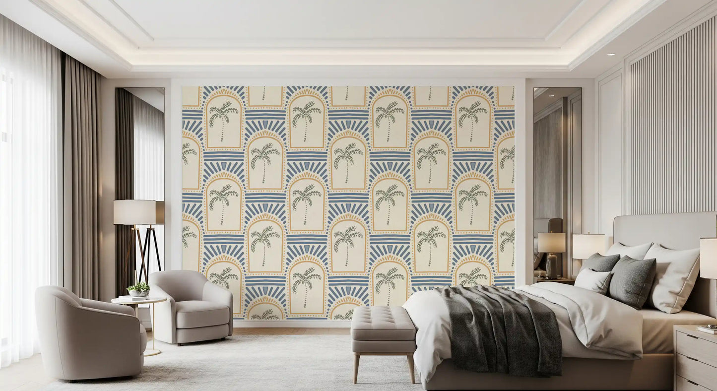 Tropische Palm Art Deco Booggangen Zand & Leisteenblauw Behang⁠