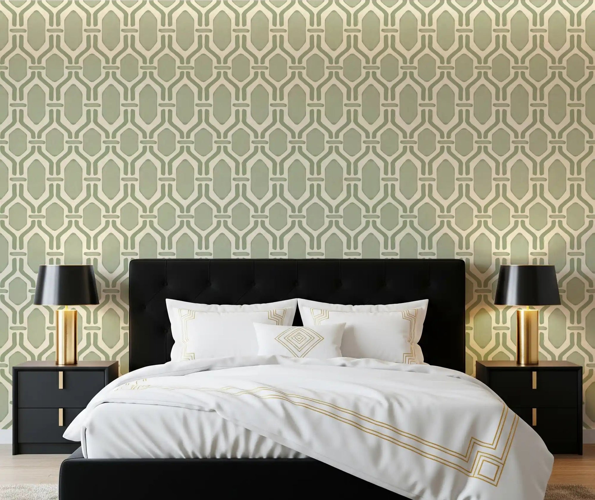 Modern bedroom highlighting the Art Deco Trellis Coastal Green Wallpaper.