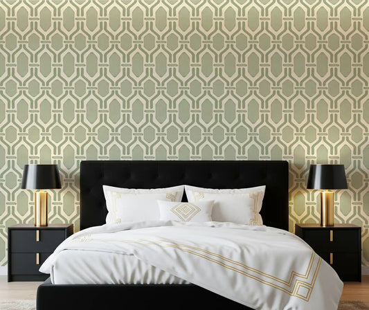 Modern bedroom highlighting the Art Deco Trellis Coastal Green Wallpaper.