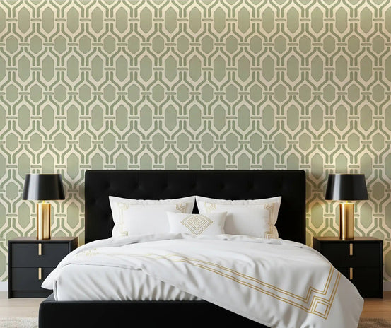 Modern bedroom highlighting the Art Deco Trellis Coastal Green Wallpaper.