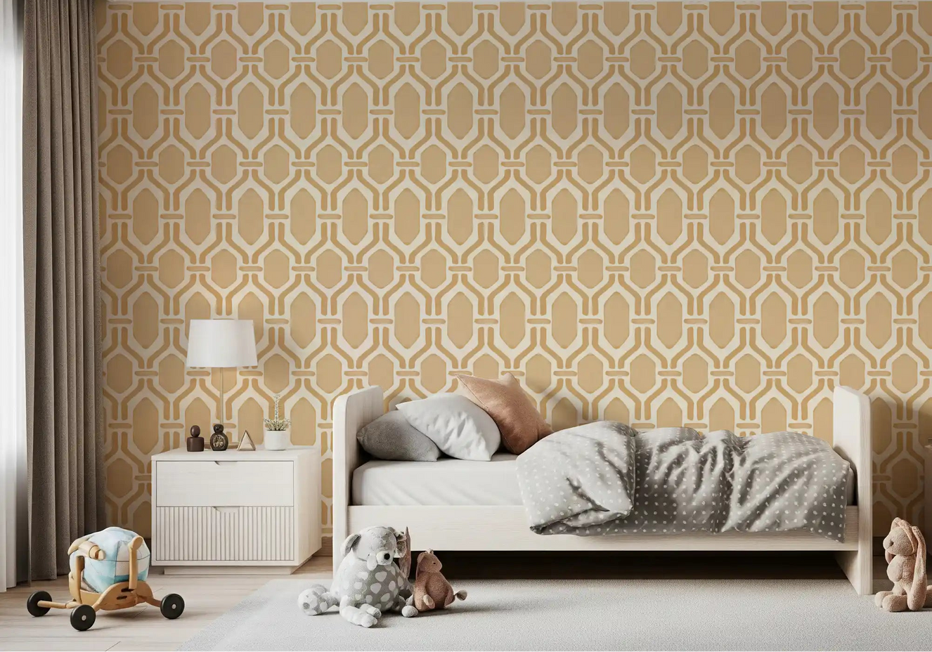 Tranquil bedroom displaying the art deco trellis sand wallpaper.