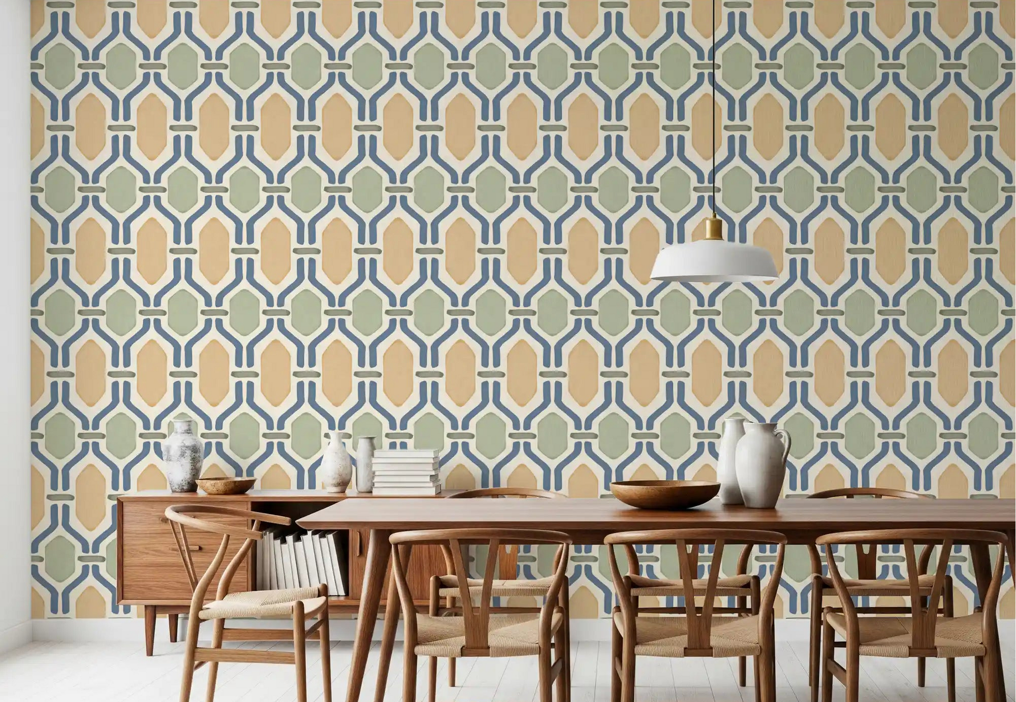 Dining room enriched by the beautiful Art Deco Trellis Wallpaper.