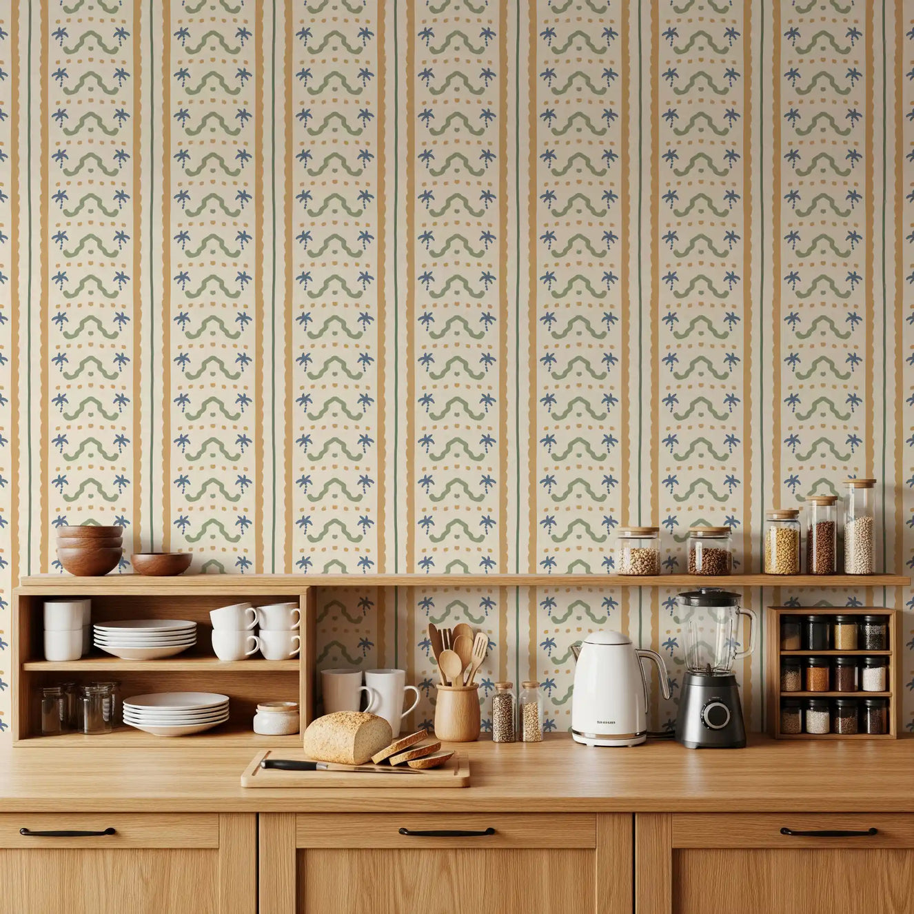 kitchen featuring the Marrakesh Striped Ornament Wallpaper.