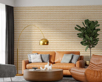 Cosy Living room warmed by the Zellige Cross Ornament Sand wallpaper rhythm.