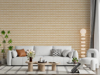 An open Living room sits beside warm Zellige Cross Sand wallpaper rows.
