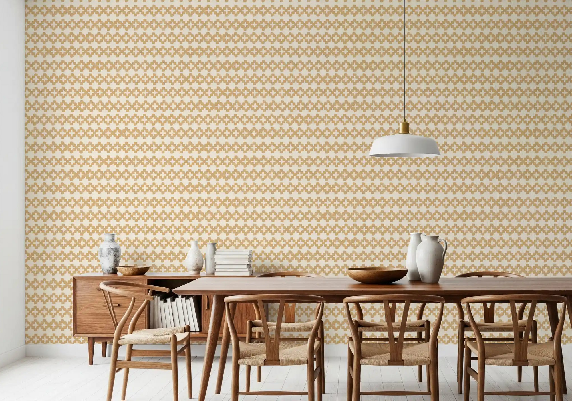 Calm dining room styled with the Zellige Cross Ornament Sand wallpaper.