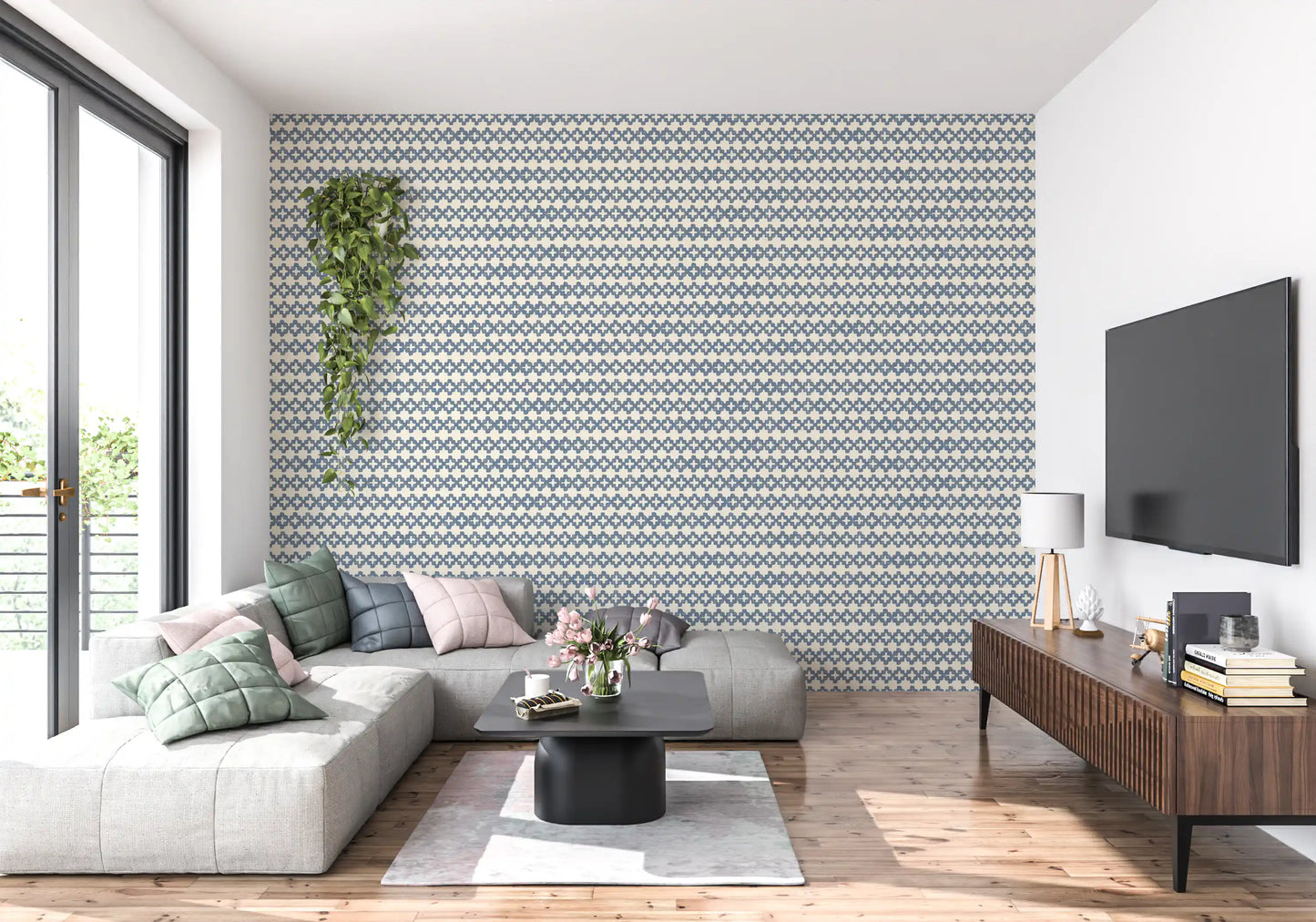 Papel pintado Zellige con adorno cruzado en azul pizarra