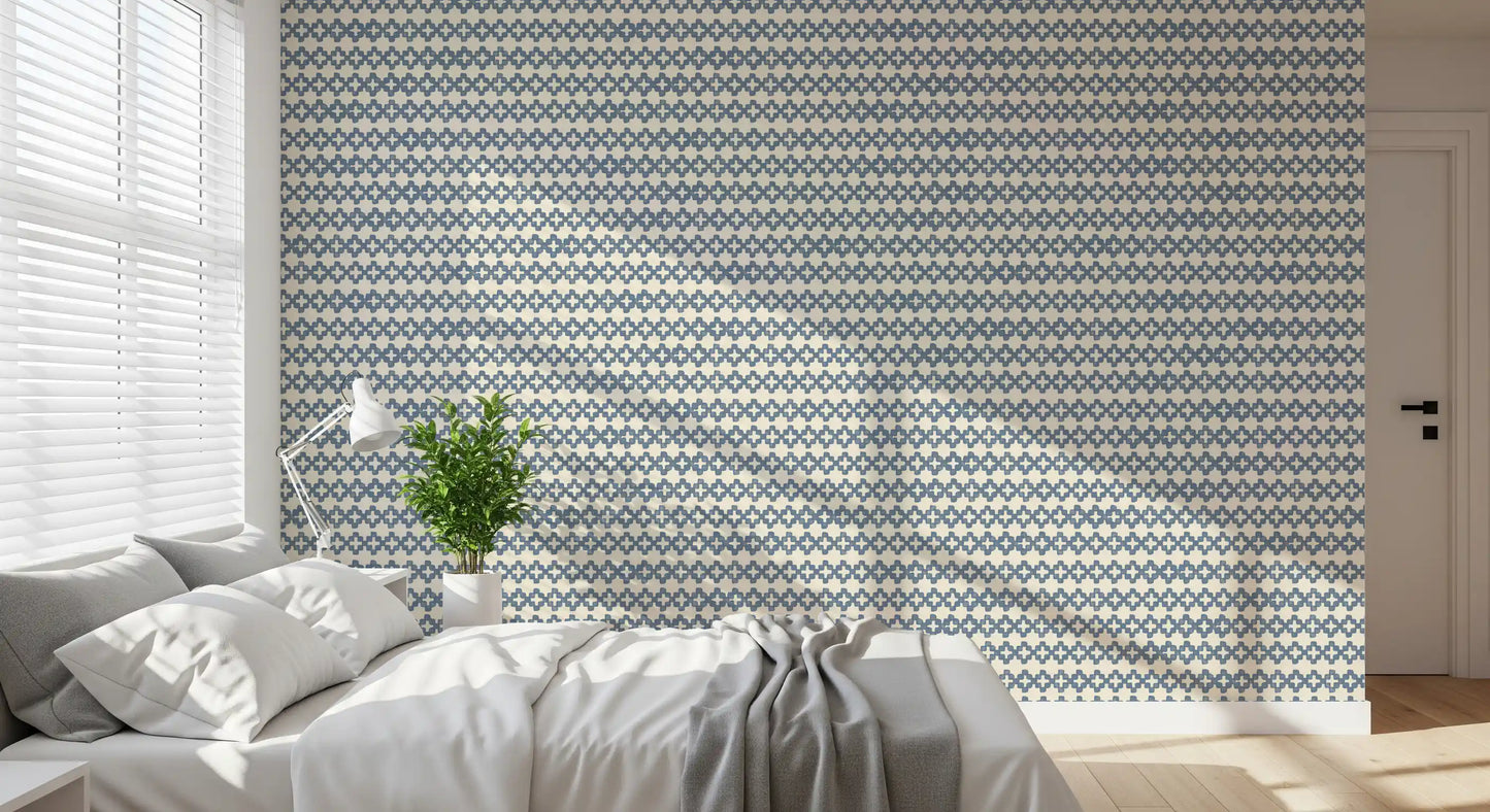 Papel pintado Zellige con adorno cruzado en azul pizarra