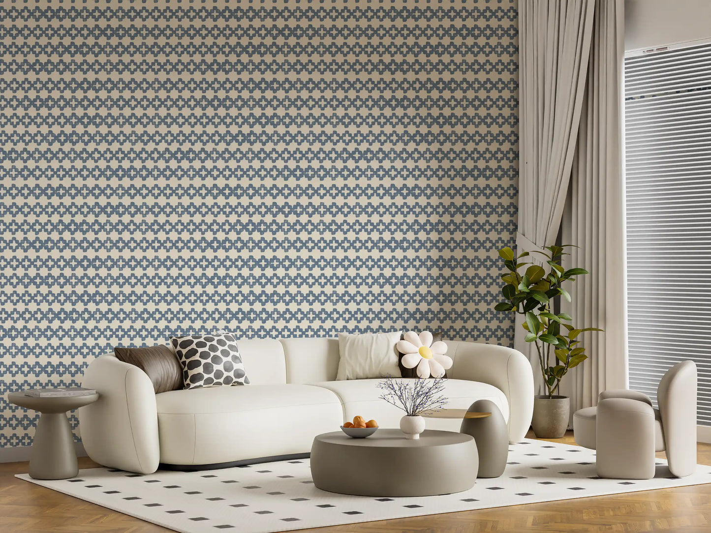Papel pintado Zellige con adorno cruzado en azul pizarra
