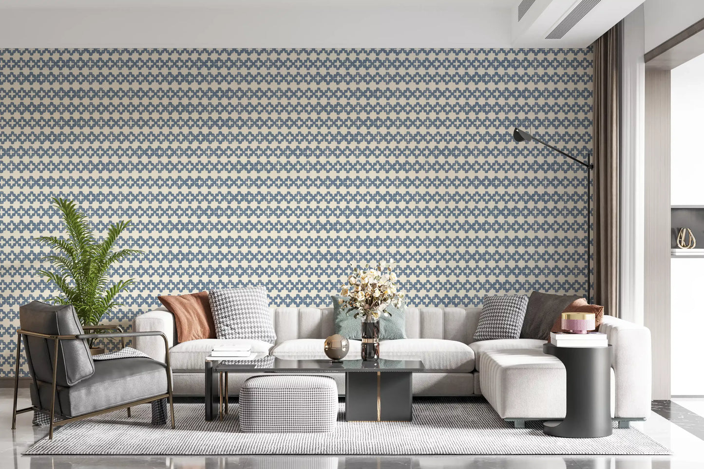 Papel pintado Zellige con adorno cruzado en azul pizarra