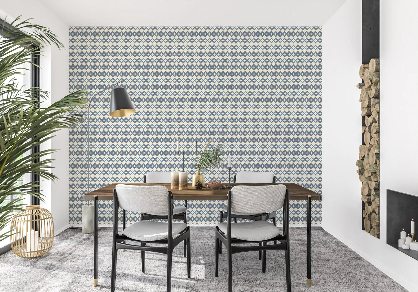 Papel pintado Zellige con adorno cruzado en azul pizarra