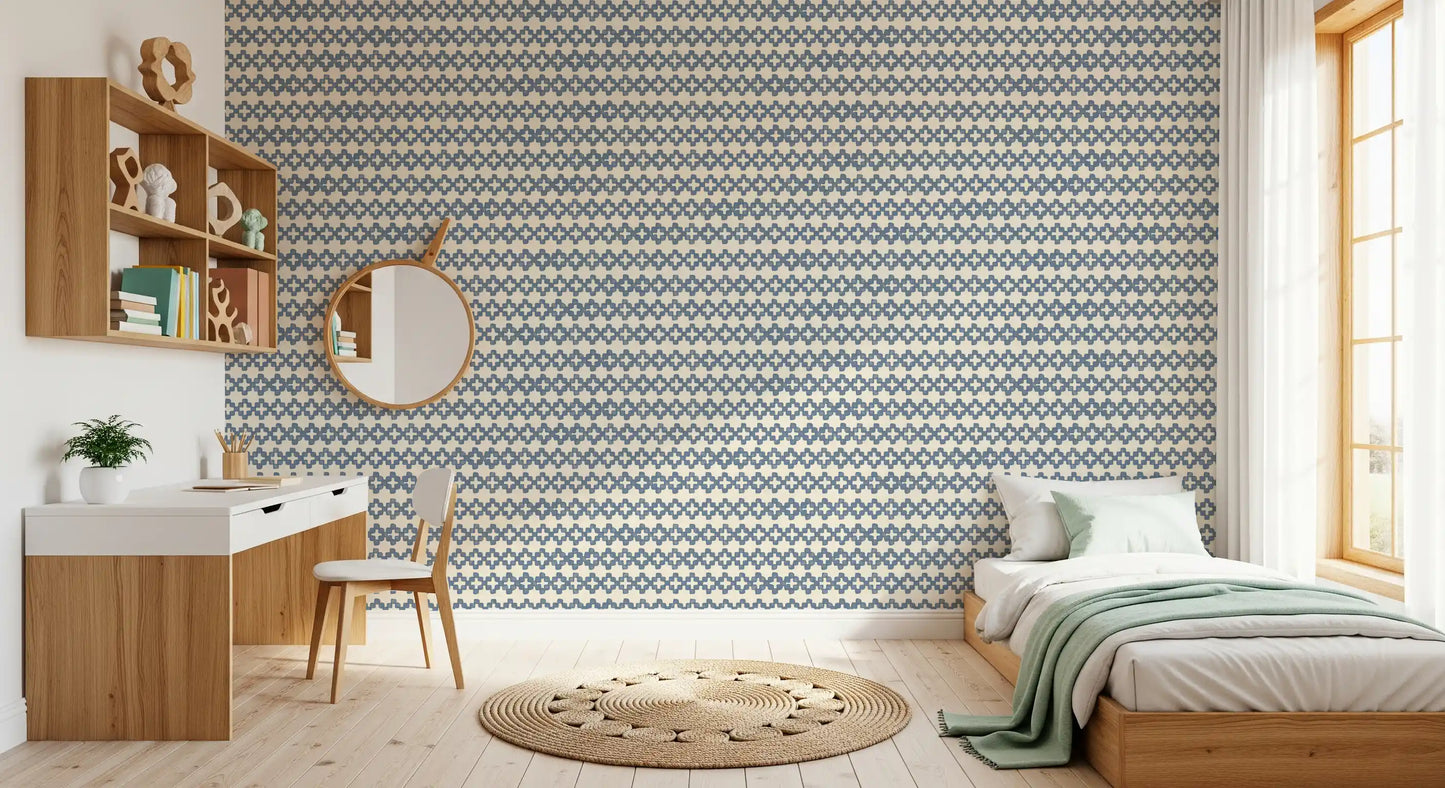 Papel pintado Zellige con adorno cruzado en azul pizarra