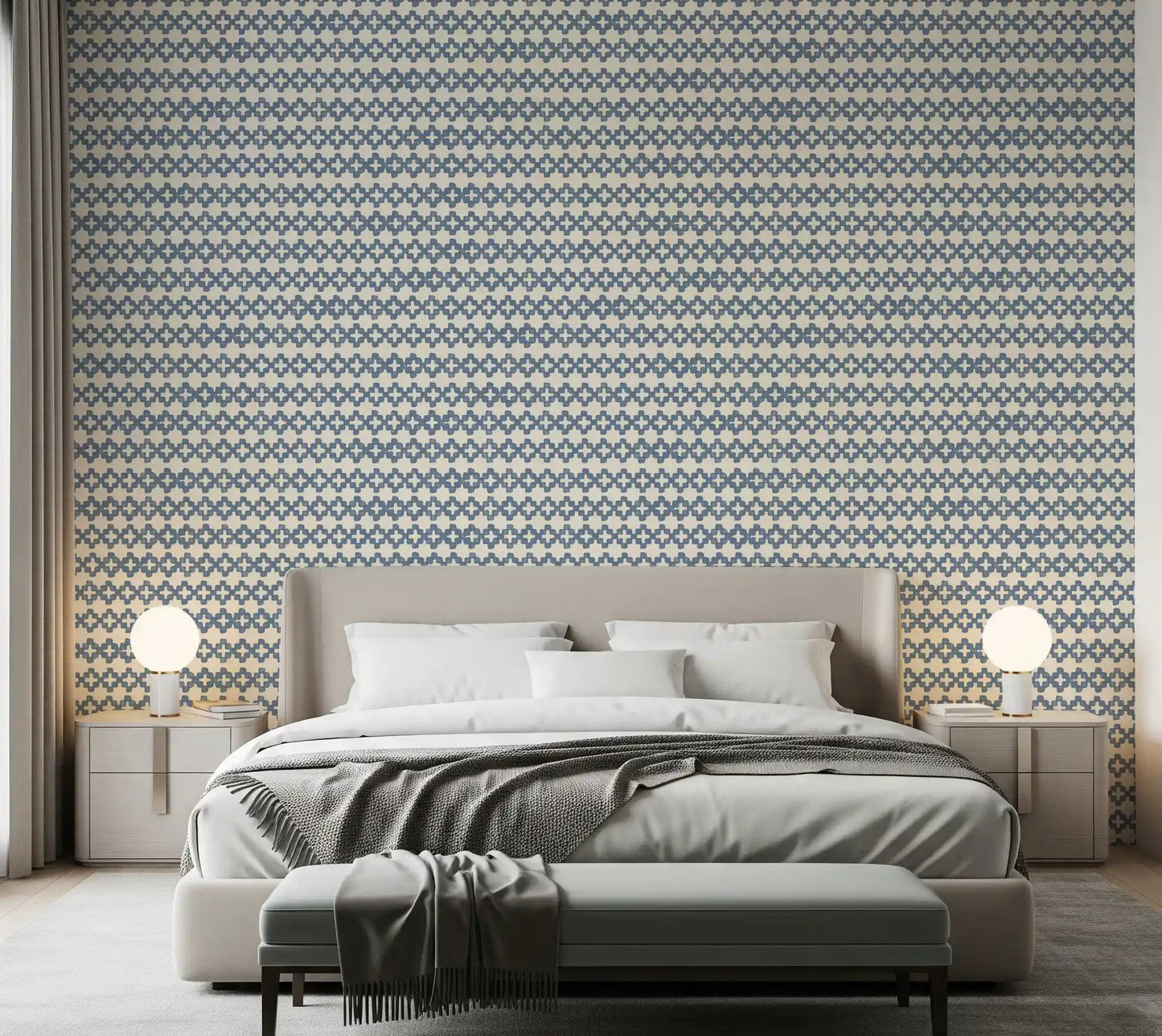 Papel pintado Zellige con adorno cruzado en azul pizarra