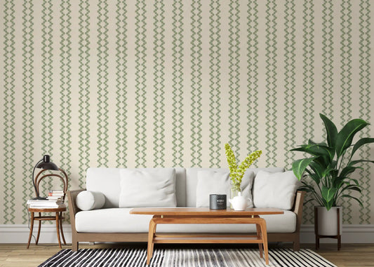 Bright living room styled with zellige striped ornament wallpaper in coastal green.