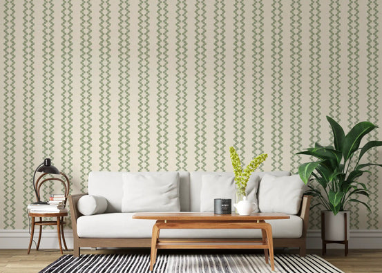 Bright living room styled with zellige striped ornament wallpaper in coastal green.