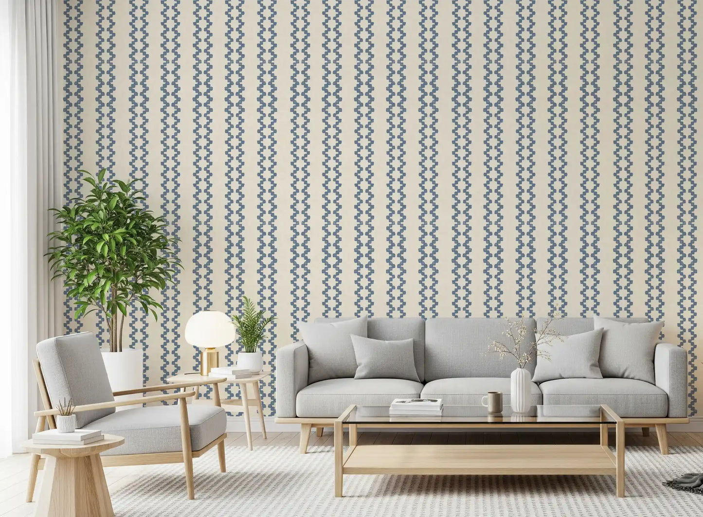 Papel pintado Zellige con ornamento a rayas en azul pizarra