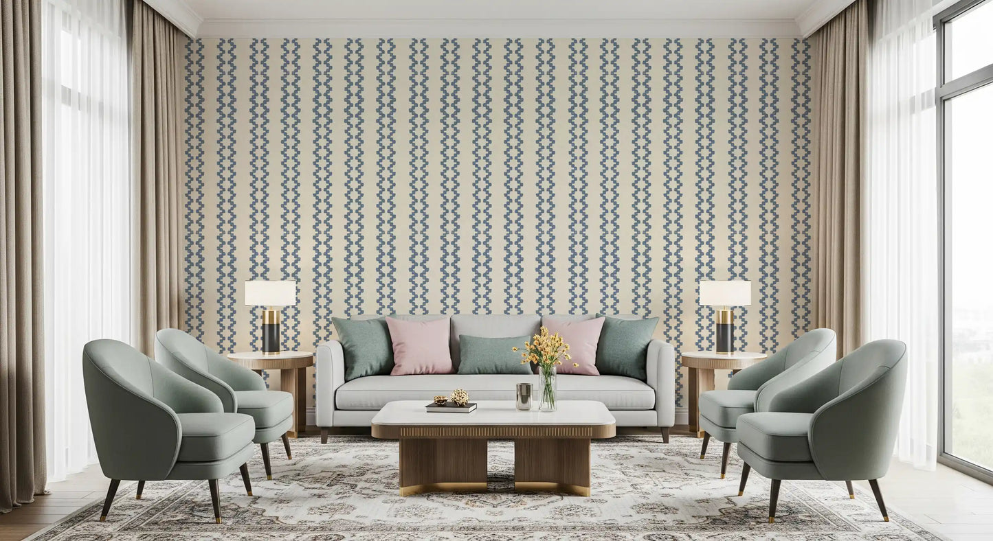 Papel pintado Zellige con ornamento a rayas en azul pizarra